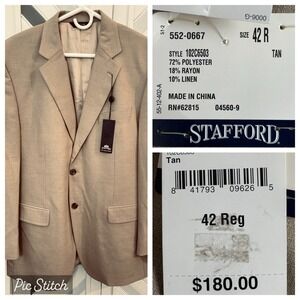 Stafford Men's NWT 42R Tan Linen Blend Fully Lined‎ Suit Jacket Sport Coat